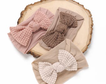 Big Bow Baby Headband, Waffle Fabric, Stretchy Nylon Headband