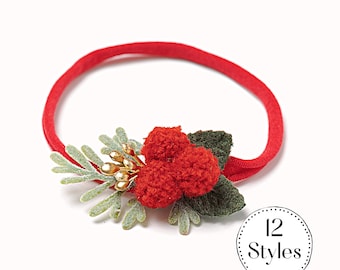 Christmas Baby Headband, Christmas Hair Bows, Newborn Headband, Holly Berry Headband, Baby Girl Bows, Newborn Photo Prop, Baby Girl Gift