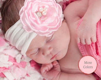 Baby Headband, Newborn Headband, Baby Girl Headbands, Ivory Baby Bow, Pink Flower Headband, Baby Girl Bows, Infant Headband, Baby Hair Bows