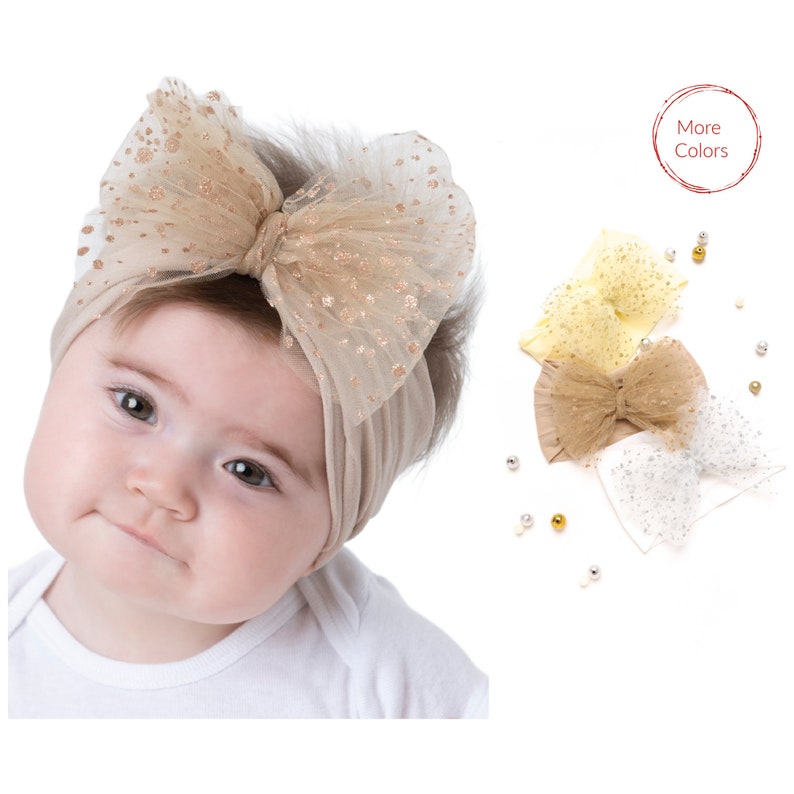 Bandeaux en tulle avec gros nœuds, taille unique, nouveau-né, tout-petits et filles, nœuds sur bandeau en nylon, bandeau aby, gros écharpes de cheveux pour bébé fille IDA image 1