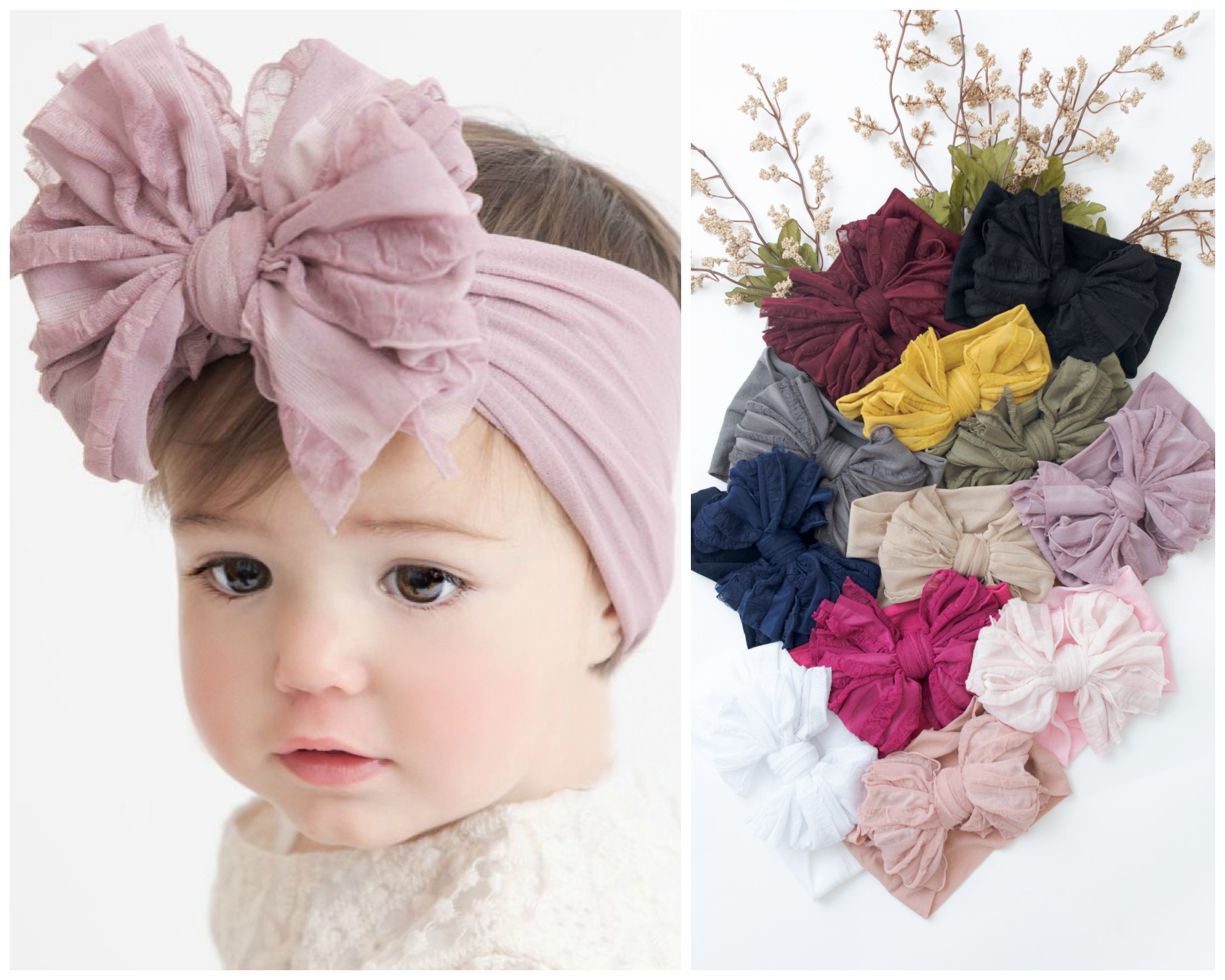 Baby Headband, Baby Girl Bows, Toddler Hair Bows, Nylon Girls Head Wraps,  Newborn Bows, Baby Girl Turban Headband, DUO Flower Headbands, 
