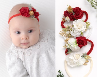 Christmas Baby Headband, Girls Hair Bows, Christmas Hair bows, Newborn Bows, Baby Bows, Baby Girl Bow, Red Gold Flower Headband, Baby Gift