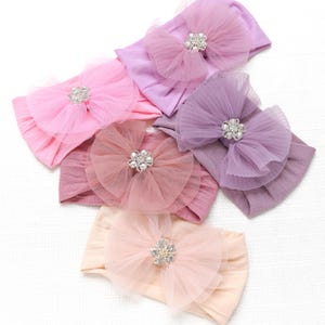 Tulle Bow Baby Headband | Soft Nylon Baby Girl Headwrap | Big Bow Newborn Infant Toddler Headband | Baby Girl Bows| Newborn Bow Headband