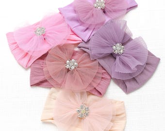 Oversized Tulle Baby Bow Headband, Soft Nylon Newborn Headwrap
