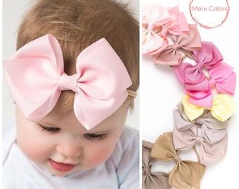 Big Bow Baby Headband, Grosgrain Knot Bow, Nylon Headband, Girls Hair Bows, Newborn Bows, Toddler Pink Bow, Girls Hair Clips .