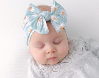 Daisy Cable Knit Baby Bow Headband, Soft Nylon Newborn Headwrap