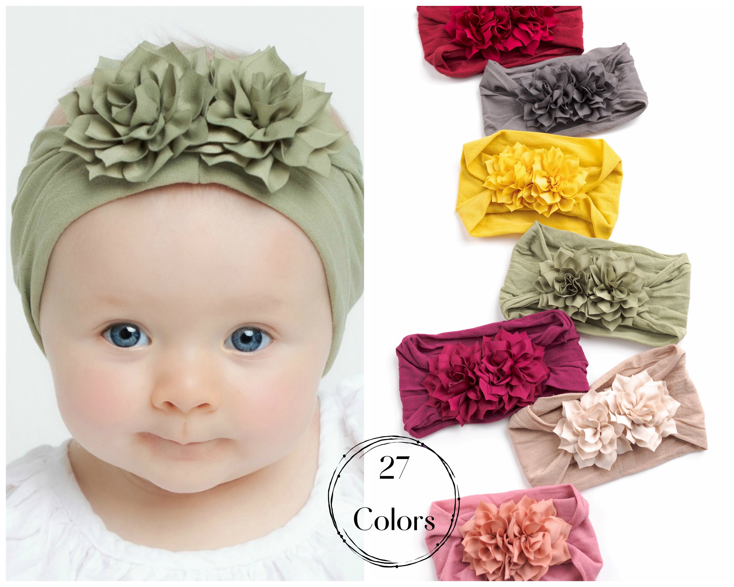 Baby Headband, Baby Girl Bows, Toddler Hair Bows, Nylon Girls Head Wraps,  Newborn Bows, Baby Girl Turban Headband, DUO Flower Headbands, 