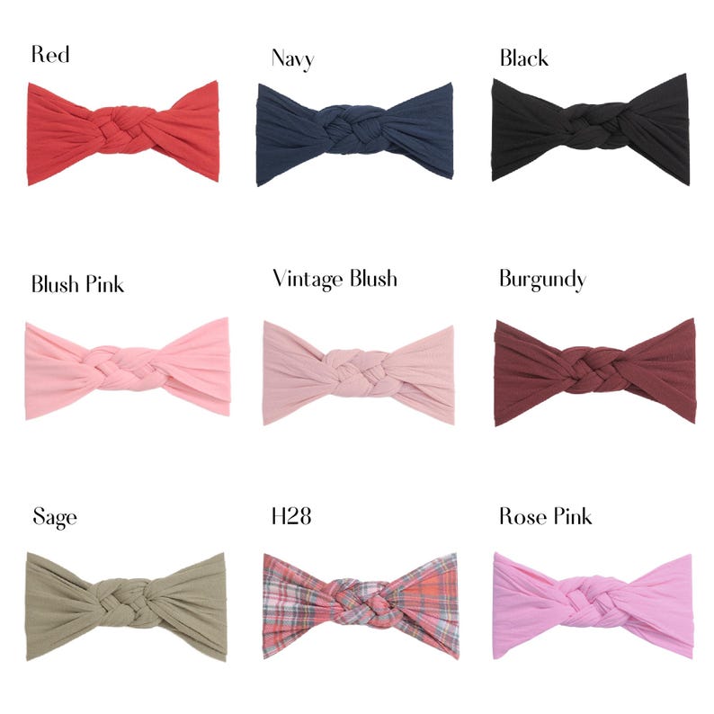 May include: Nine headbands in various colors, including red, navy, black, blush pink, vintage blush, burgundy, sage, plaid, and rose pink. Each headband features a braided knot design.