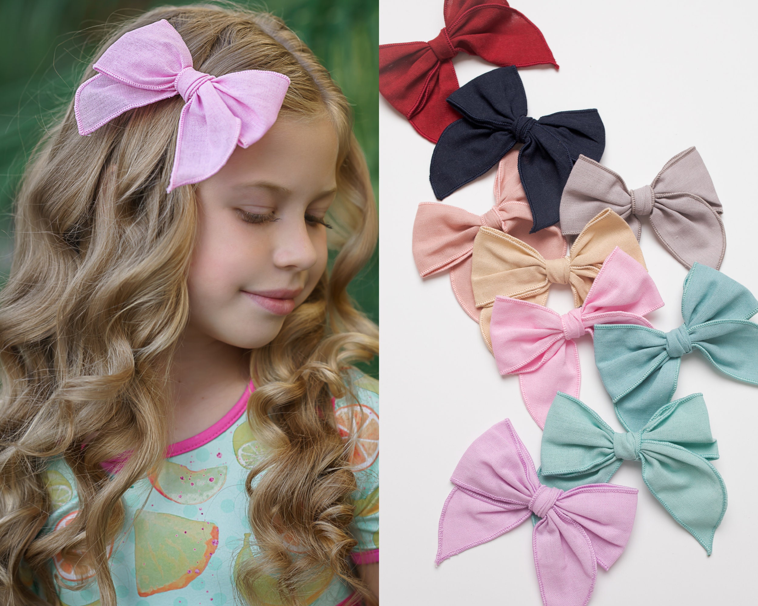 5.5 Inch Pink Fable Hair Bow: Handmade Linen Cotton Hair Clip for Girls - 1  PCS