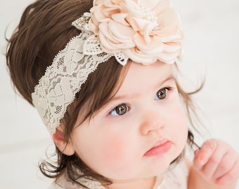 Baby Headband, Lace Headband, Baptism Headband, Newborn Headband, Flower Headband, Flower Girl Headband, Wedding Headband, Christening Bow