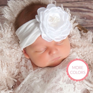 White Baby Headband, Baby toddler headbands, Nylon headband, Newborn headband,Baby Head wraps, Baptism Christening Flower Headband,Hair bows