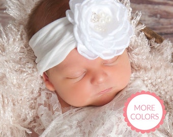 White Baby Headband, Baby toddler headbands, Nylon headband, Newborn headband,Baby Head wraps, Baptism Christening Flower Headband,Hair bows