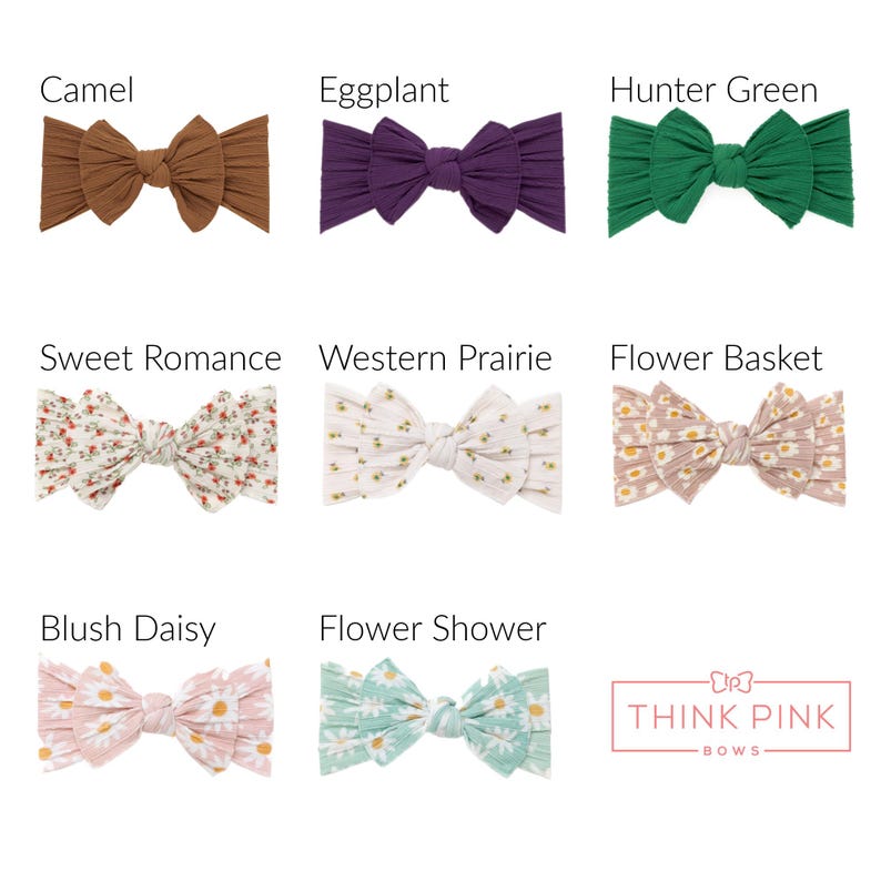 May include: Nine baby headbands in various colors and patterns. Colors include camel, eggplant, hunter green, and floral prints like "Sweet Romance" and "Blush Daisy." The "Think Pink Bows" logo is in the bottom right corner.