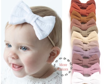 Gauze Baby Bows, Baby Girl Headbands, Neutral Linen Hair Clips, Soft Newborn Hairbow, Infant Winter Headband, Gauze Linen Square Hair Bows