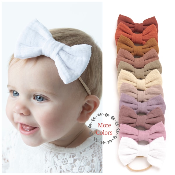 Gauze Baby Bows, Baby Girl Headbands, Neutral Linen Hair Clips, Soft Newborn Hairbow, Infant Winter Headband, Gauze Linen Square Hair Bows