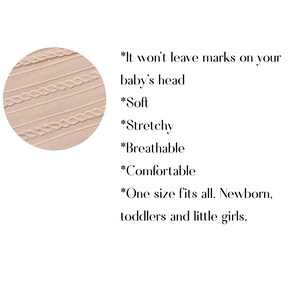 May include: A close-up of a soft, stretchy, breathable, and comfortable knitted headband in a light pink color. The headband is designed to fit newborns, toddlers, and little girls. It is described as "One size fits all."