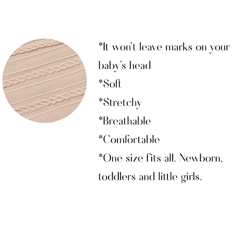 May include: A close-up of a soft, stretchy, breathable, and comfortable knitted headband in a light pink color. The headband is designed to fit newborns, toddlers, and little girls. It is described as "One size fits all."