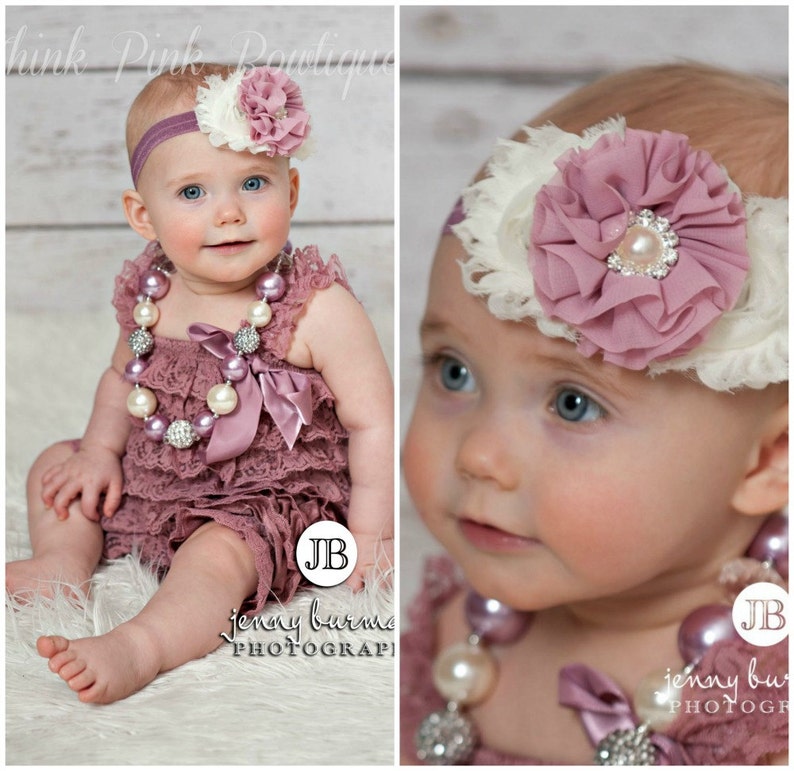 baby headbands,lace petti romper baby headbands. smash cake set mauve headband petti romper Petti lace romper and headband SET romper