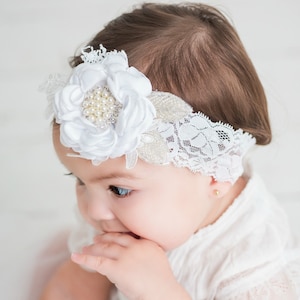 Bandeau de baptême, noued en dentelle bébé,accessoire cheveux blanc pour  petite fille, bandeau dentelle bébé - Un grand marché