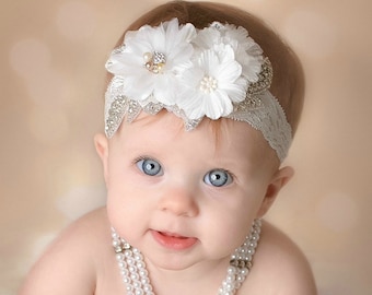 White Flower Baby Headband, Pearls, Rhinestone, Christening Headband
