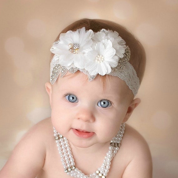 Miugle - Diademas de bautizo para bebé niña con lazos, color blanco, 0-3  años