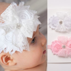 White Baby Headband,Christening Headband, Baptism Headband,Newborn Headband,Baby girl Headband,Shabby chic Headband,Baby Hair Bows. image 1