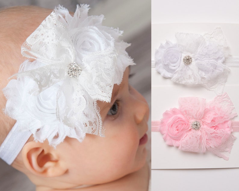 White Baby Headband,Christening Headband, Baptism Headband,Newborn Headband,Baby girl Headband,Shabby chic Headband,Baby Hair Bows. image 1