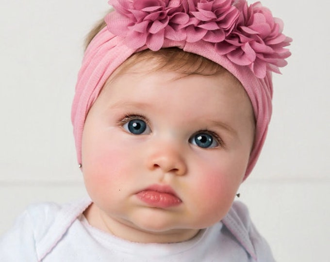 Baby Girl Headbands, Newborn Baby Bows, Baby Girl Headwraps, Toddler Turban Nylon , FLOWER TRIO Baby Headband, Toddler Hair Bows, Head Wrap