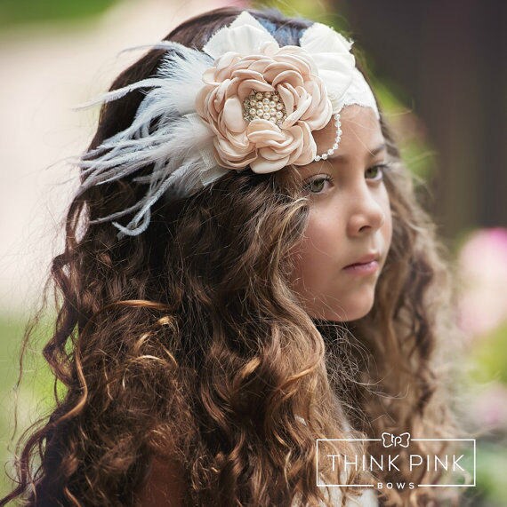 Ivory Vintage Rosette Baby Headband Girl Couture Headband Lace Baby Vintage Headband Newborn Headband Baby Headband Flower Girl Headband