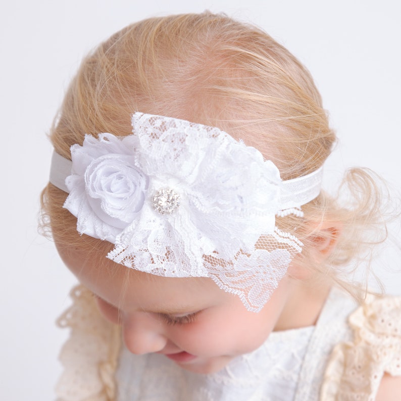 White Baby Headband,Christening Headband, Baptism Headband,Newborn Headband,Baby girl Headband,Shabby chic Headband,Baby Hair Bows. image 2