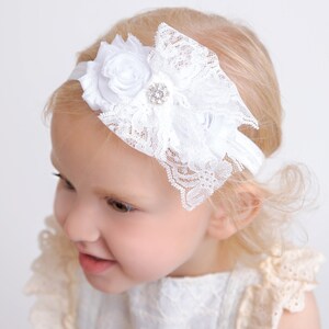 White Baby Headband,Christening Headband, Baptism Headband,Newborn Headband,Baby girl Headband,Shabby chic Headband,Baby Hair Bows. image 8