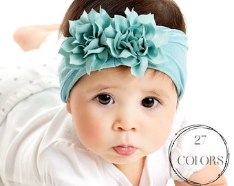 PICK COLOR Baby Girl Headband, Newborn Baby Bows, Nylon Baby Headbands,DUO Flower Baby Girl Turban, Baby HeadWrap, Hair Bows, Head Wraps