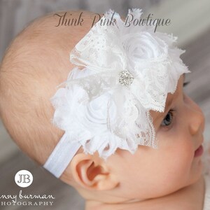 White Baby Headband,Christening Headband, Baptism Headband,Newborn Headband,Baby girl Headband,Shabby chic Headband,Baby Hair Bows. image 10