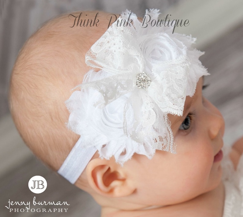 White Baby Headband,Christening Headband, Baptism Headband,Newborn Headband,Baby girl Headband,Shabby chic Headband,Baby Hair Bows. image 10