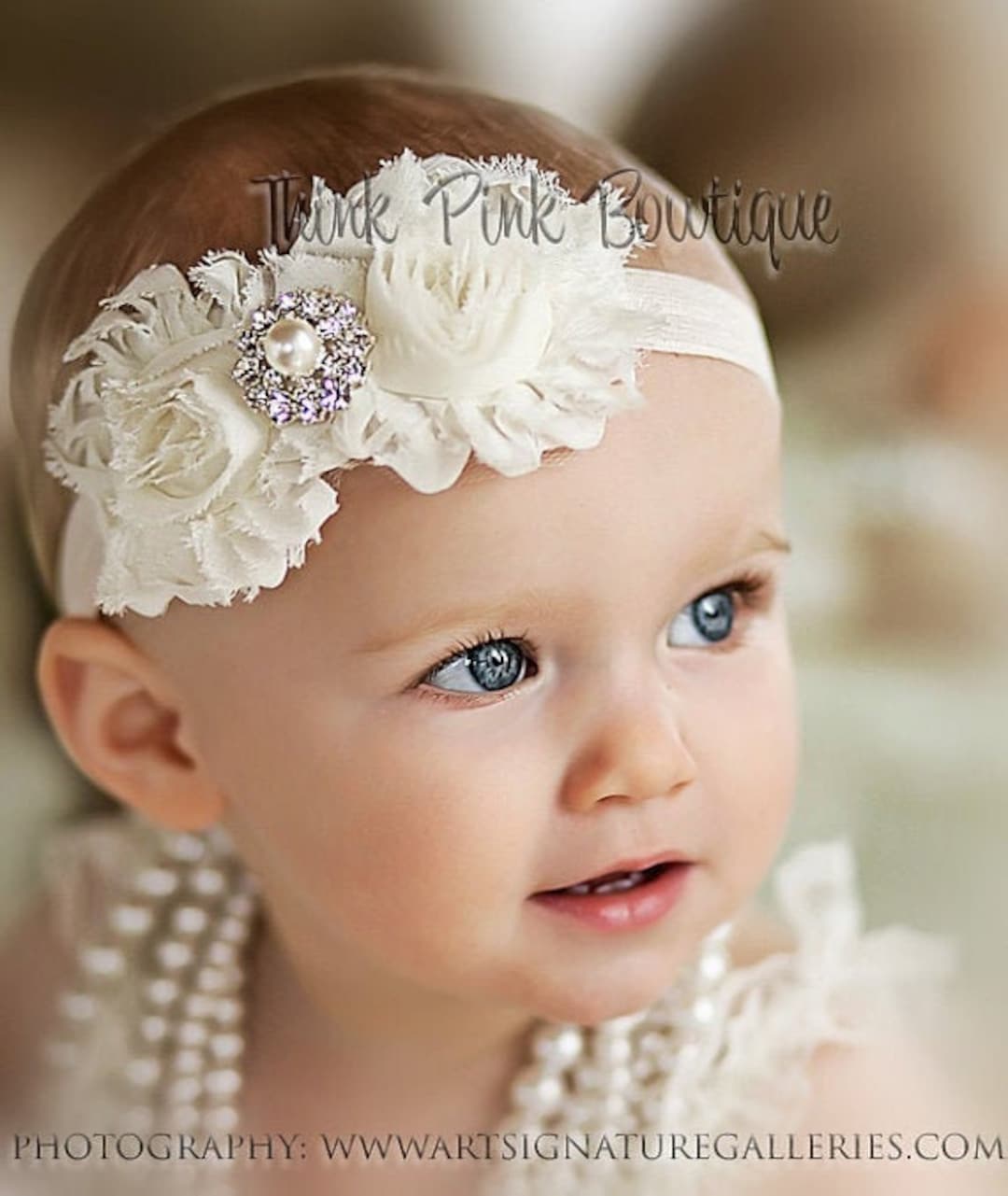 Diademas para bebé, lindas diademas blancas de encaje para bebé con lazo,  diademas de perlas de diamantes de imitación, banda elástica para el pelo