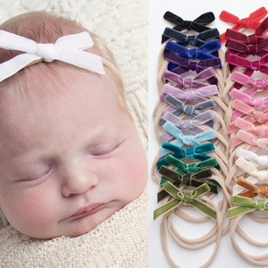 PICK 3 Newborn Baby headbands, Mini Velvet Bows, Petite Velvet Baby Bows on Clip, Baby Girl Nylon Headband, Baby Bow Headband, Baby Gift