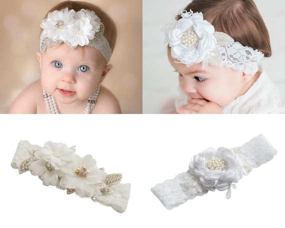 Lot Baby Girl Headbands Soft Stocking Band Bow Wedding White Bow Christening 