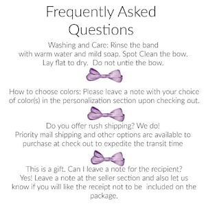 May include: White background with the text "Frequently Asked Questions". The text provides care instructions, color selection guidance, rush shipping information, and gift options. Purple bow illustrations are included.