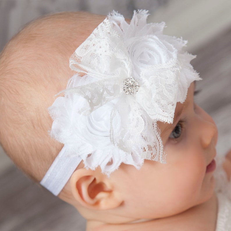 White Baby Headband,Christening Headband, Baptism Headband,Newborn Headband,Baby girl Headband,Shabby chic Headband,Baby Hair Bows. image 6