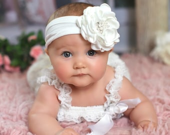 Pearl Rhinestone Flower Baby Headband, Christening Hair Bow