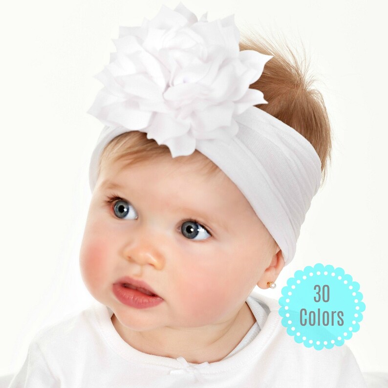 White Baby Headband PICK COLOR Nylon Baby headbands Baby Head wraps Baby Girl Hair Bows Newborn Headbands DHALIA Big Flower Headband