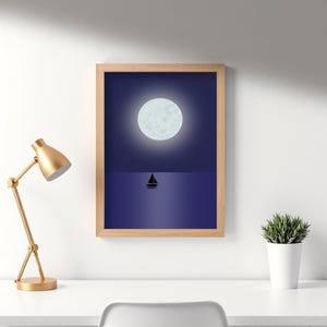 Night at Sea – Digital Poster with Boat and Moon, Minimal Wall Art