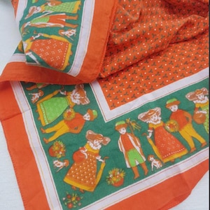 Vintage Orange & Green Figure Print Folk Art Scarf