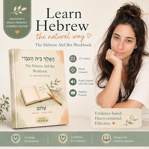 May include: A softcover workbook titled The Hebrew Alef-Bet Workbook for curious minds of all ages. The cover features a watercolor illustration of an open book with a pencil, Hebrew text, and the word shalom. It highlights 22 letters, Nikud, audio support, and reading practice.
