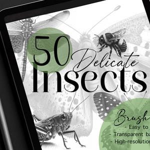May include: Digital art brush set displayed on a tablet, featuring 50 delicate insect illustrations. The image includes a dragonfly, bee, and butterfly, with text reading "50 Delicate Insects" and "Brush set".