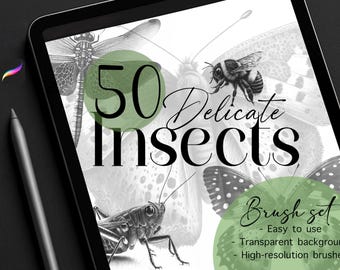 50 Realistic Insect Stamps for Procreate | Detailed Bug & Beetle Brush Set | Botanical Nature Illustration