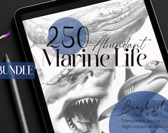 250 Ocean Marine Life Animal Stamps | Procreate Brush Pack (Digital Download)