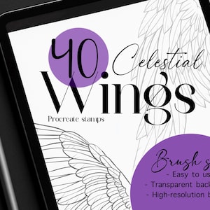 May include: A digital tablet displays a Procreate brush set with the text "40 Celestial Wings." The design features a wing illustration and a purple circle with the words "Brush set." The set includes easy-to-use, transparent background, and high-resolution brushes.