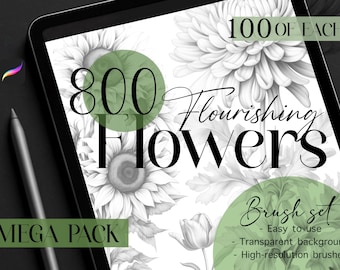 800 Flower Procreate Stamps: Roses, Lilies, Tulips (8 Brushsets)