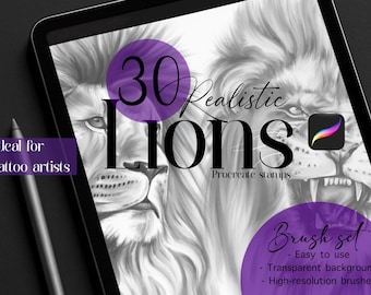 Realistic Hand-Drawn Lion Brushes for Procreate | Tattoo Design Lion Stamp Set | Detailed Big Cat Reference Brushes